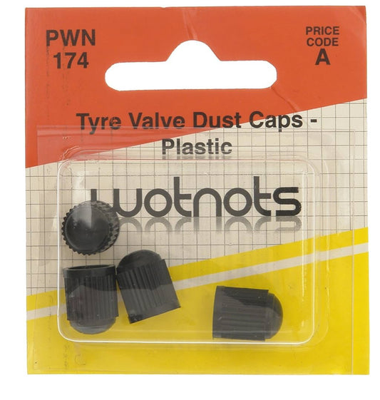 WOTNOTS PWN174 TYRE VALVE DUST CAPS PLASTIC BLACK PK4