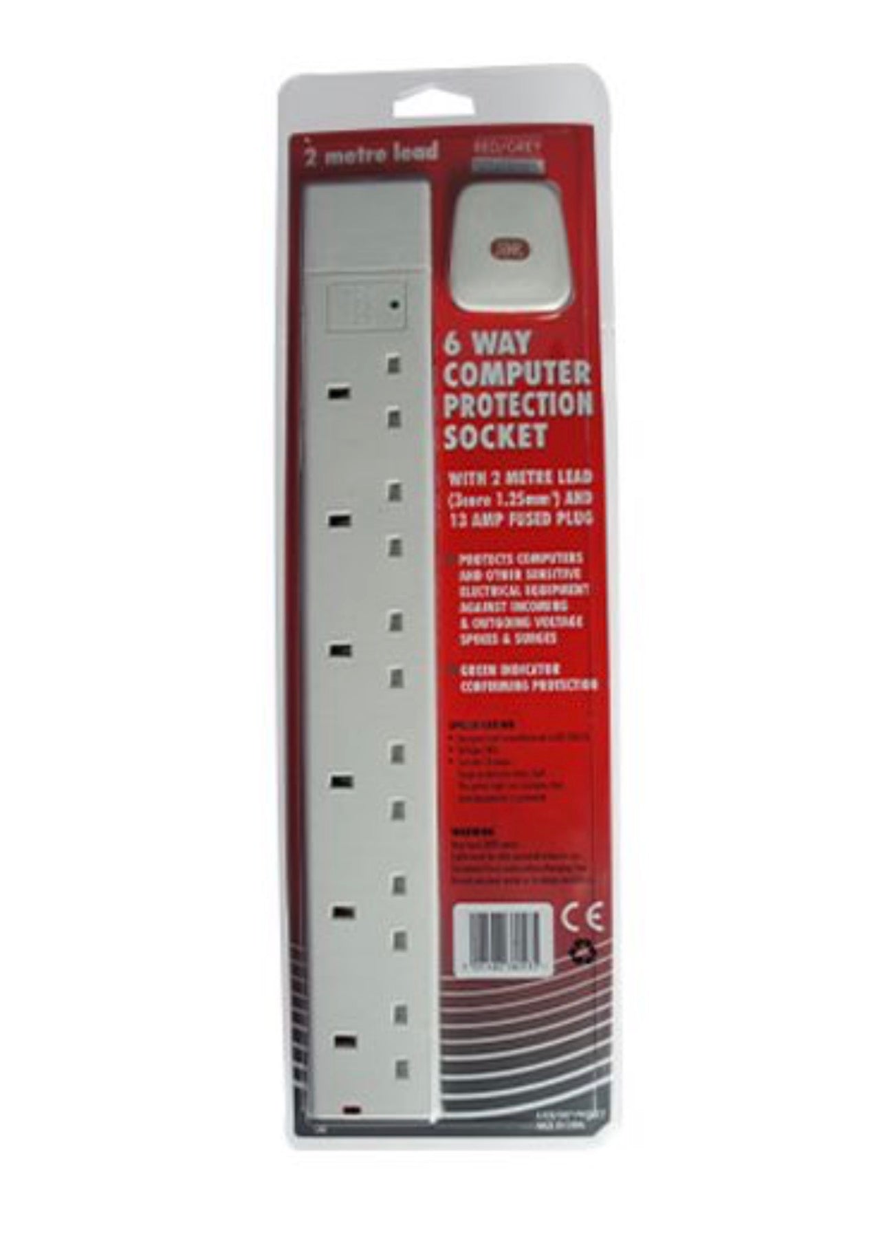 RED/GREY 6 WAY COMPUTER PROTECTION SOCKET WITH 2m LEAD