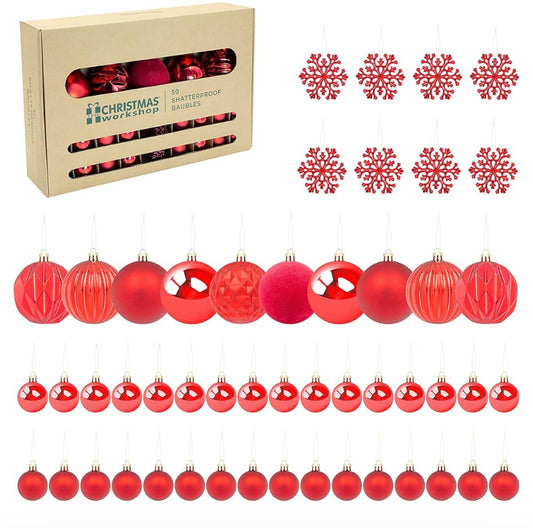 50 BOULES DE NOËL INCASSABLES ROUGES TAILLES ASSORTIES