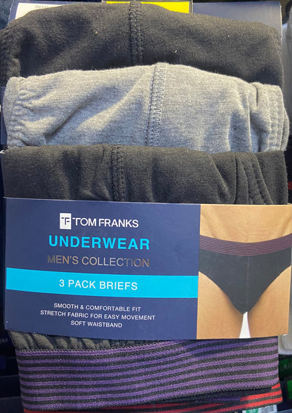 Tom Franks Men's 3 Pack Briefs With Striped Waistband LARGE