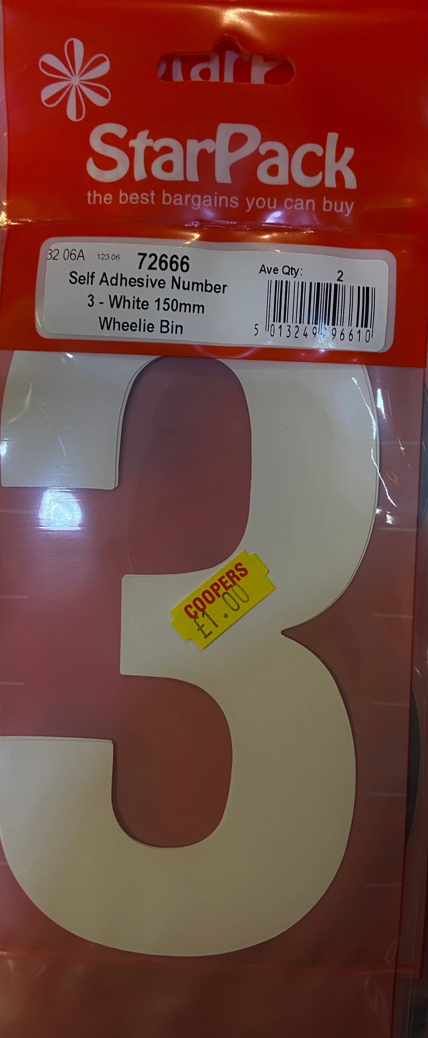 Wheelie Bin Numbers, White Self Adhesive Vinyl No. 3