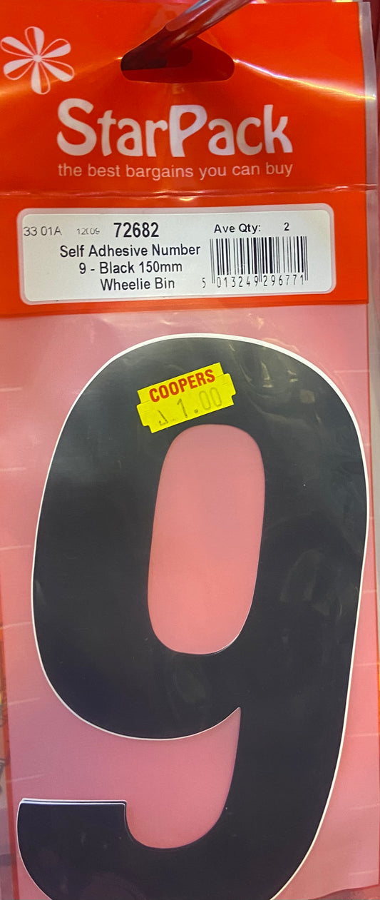 STARPACK SELF ADHESIVE NUMBER 9 BLACK 150mm WHEELIE BIN