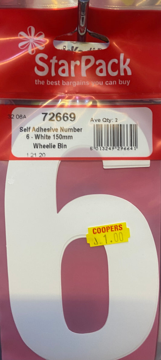 STARPACK SELF ADHESIVE NUMBER 6 WHITE 150mm WHEELIE BIN