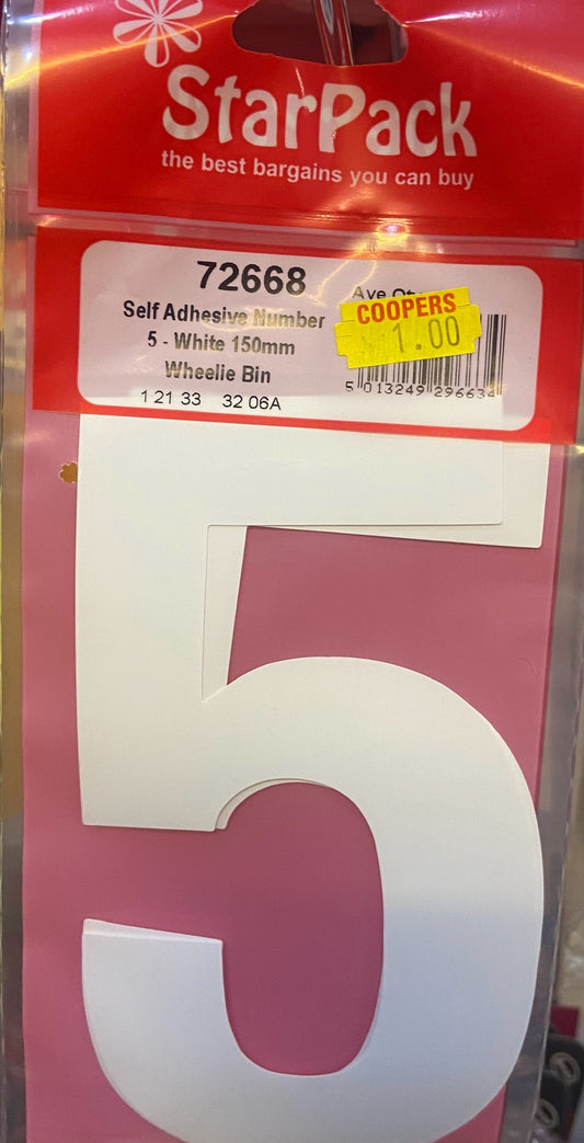 STARPACK SELF ADHESIVE NUMBER 5 WHITE 150mm WHEELIE BIN