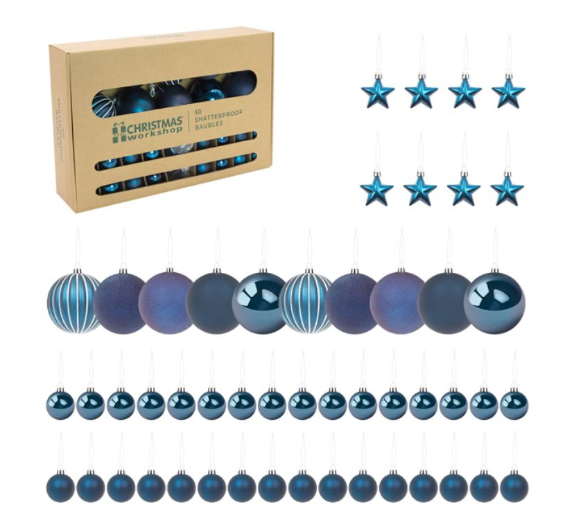 CHRISTMAS 50 SHATTERPROOF BAUBLES NAVY MIXED SIZE