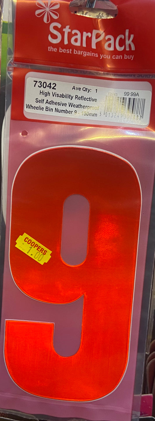 STARPACK SELF ADHESIVE NUMBER 9 RED WHEELIE BIN 150mm