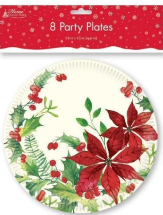 NOËL 8 Assiettes Fête Poinsettia - 23cm de diamètre