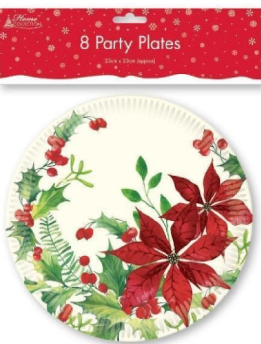 NOËL 8 Assiettes Fête Poinsettia - 23cm de diamètre