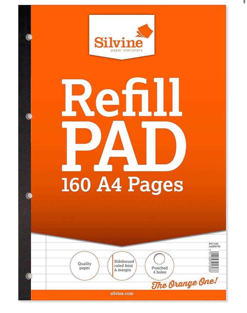 SILVINE REFILL PAD 160 A4 PAGES SIDEBOUND RULED FEINT & MARGIN