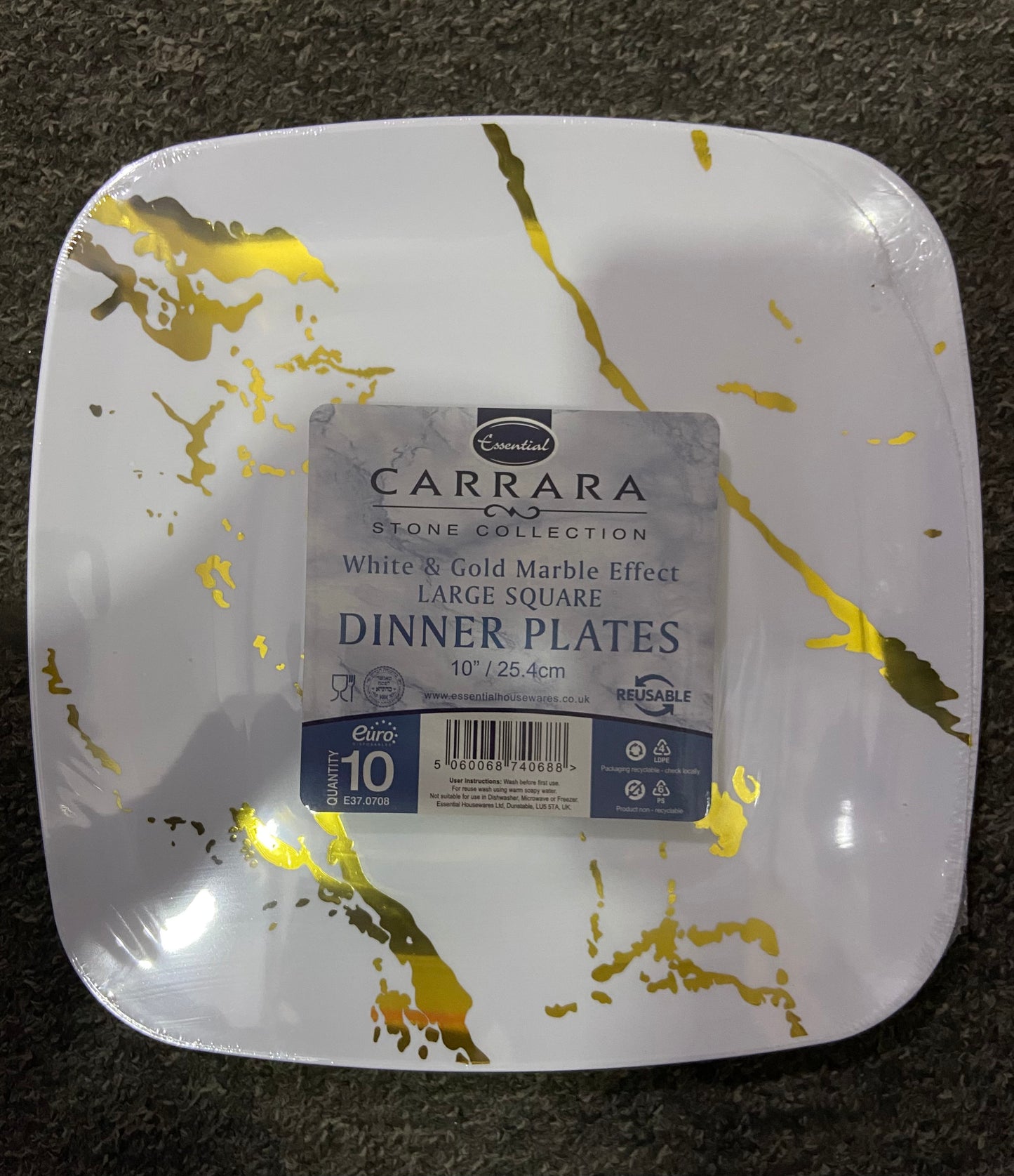 ESSENTIAL WHITE & GOLD MARBLE EFFECT LARGE SQUARE DINNER PLATES 10”/25.4cm 10 pack