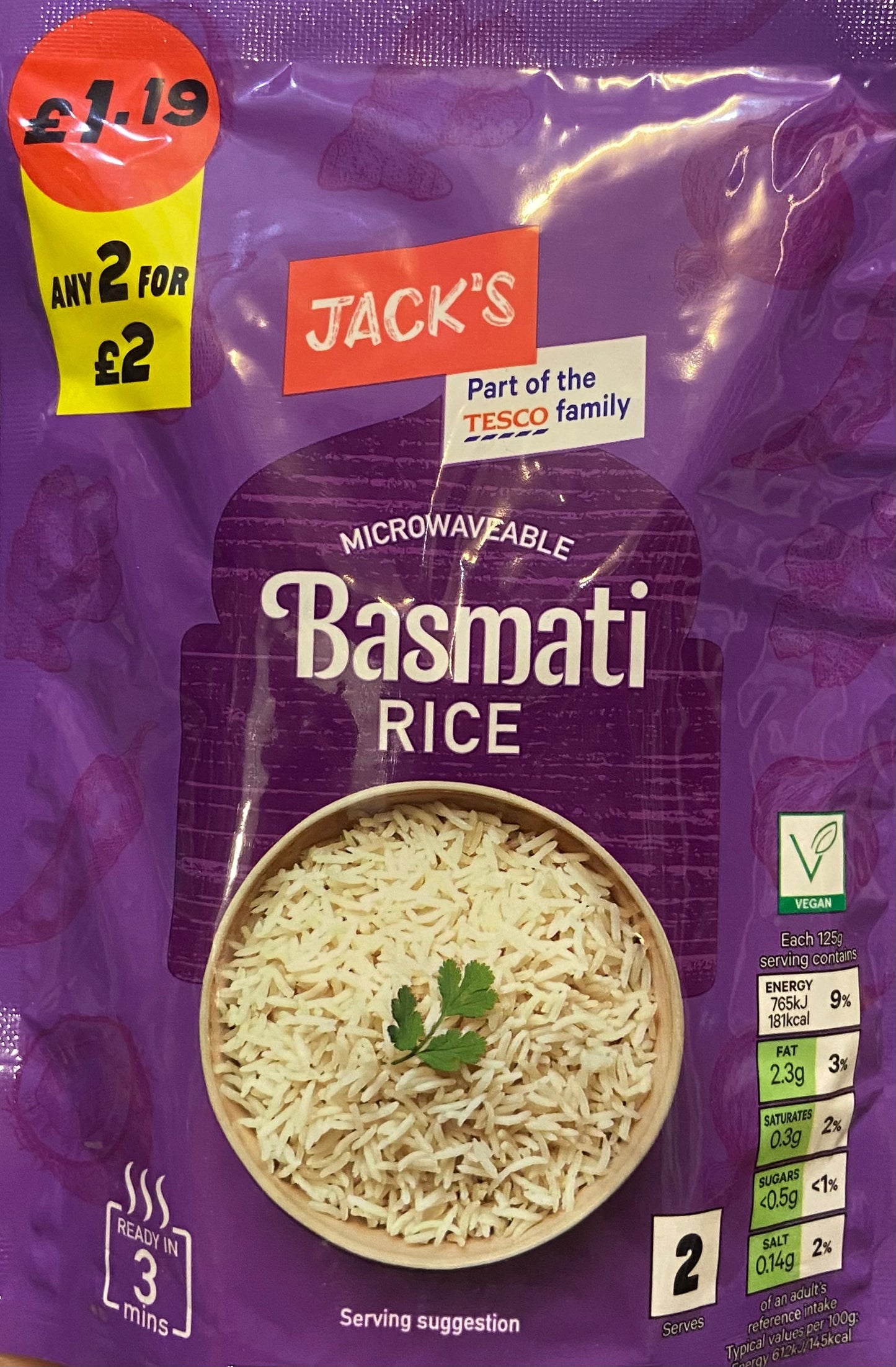 JACK’S MICROWAVEABLE BASMATI RICE 250g