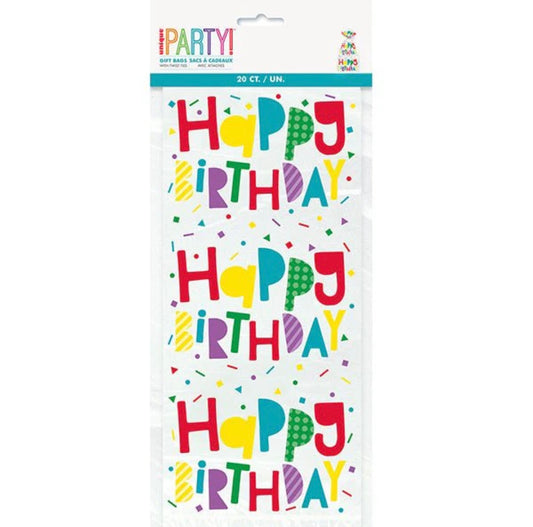 UNIQUE 20pk COLOURFUL HAPPY BIRTHDAY CELLOPHANE BAGS