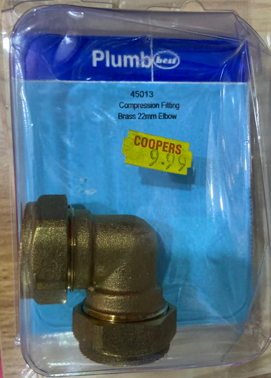 PLUMB COMPRESSION FITTING BRASS 22mm ELBOW