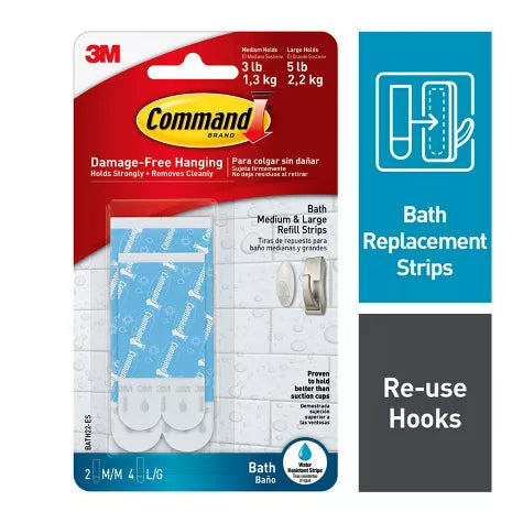 Recharges moyennes et grandes pour crochets de salle de bain Command rayures 1,3 à 2,2 kg