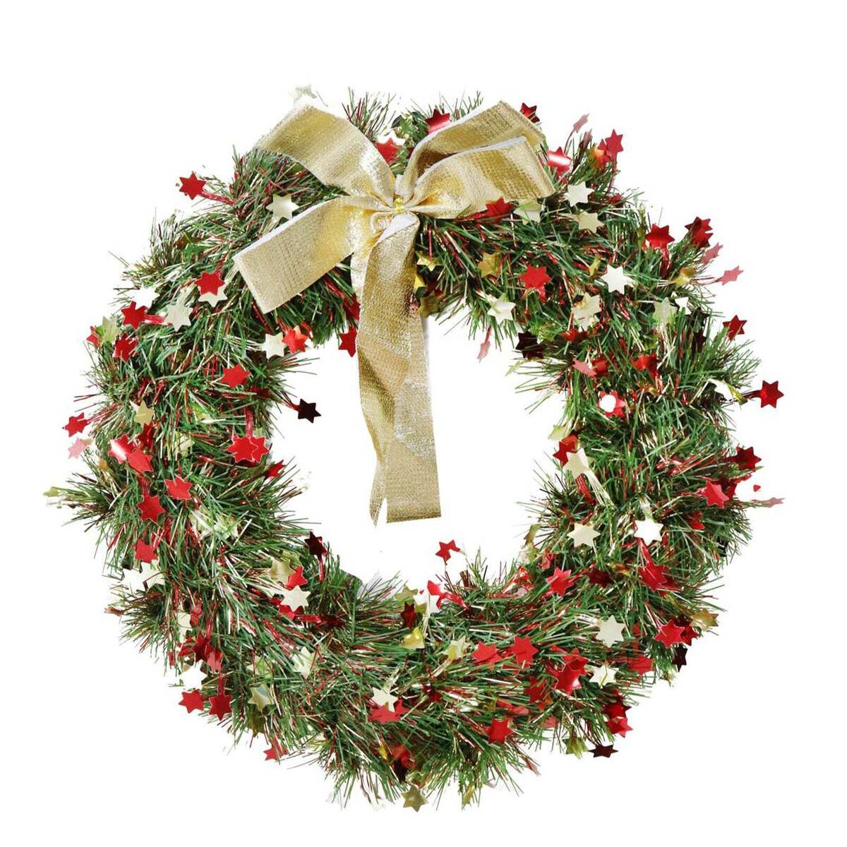 FESTIVE MAGIC TINSEL WREATH 25cm D/C STARS W/BOW