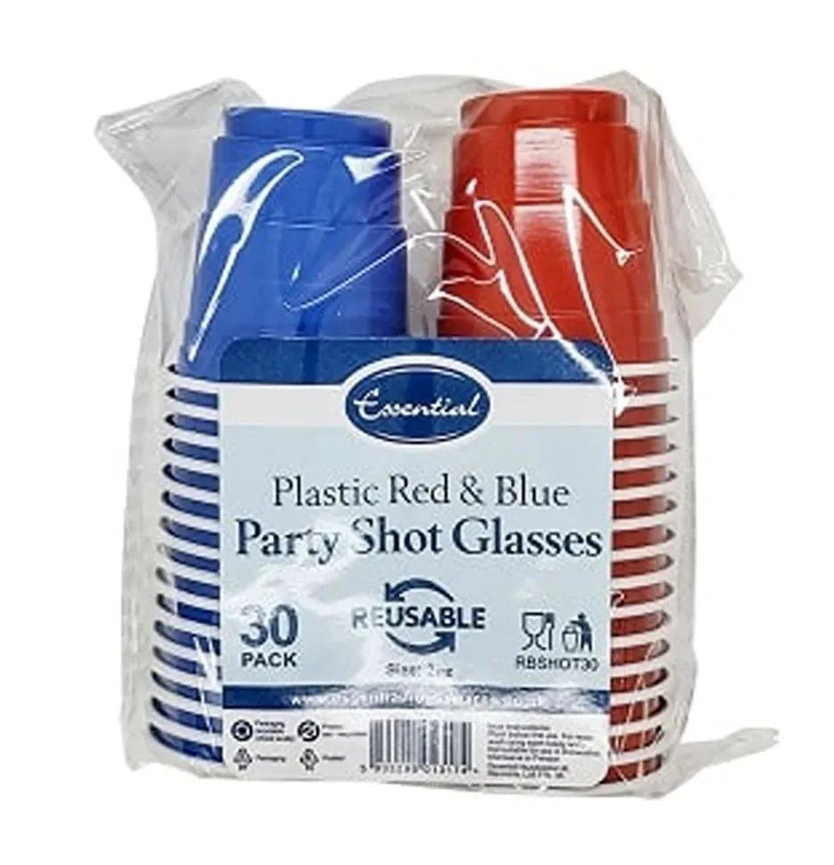 VERRES À SHOT DE FÊTE EN PLASTIQUE ROUGE ET BLEU INDISPENSABLES 60 ml, paquet de 30