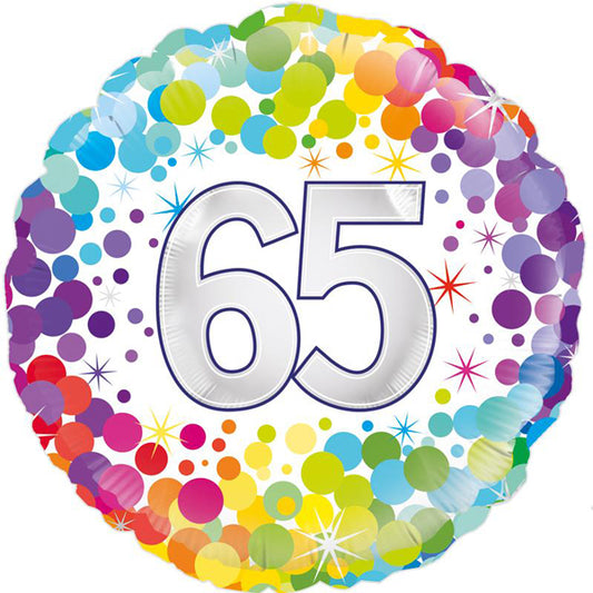 Ballons aluminium d'anniversaire 18" 65 ans confettis colorés