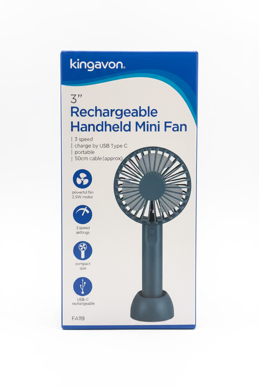 KINGAVON 3” RECHARGEABLE HANDHELD MINI FAN