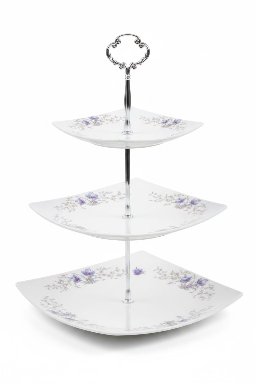 SQUARE SPIN CAKE STAND 3 TIRE TRAY BLUE FLOWER
