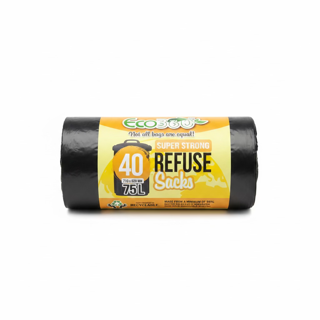 ECO360 SUPER STRONG REFUSE SACKS 75L 710x820mm 40pk RECYCLABLE