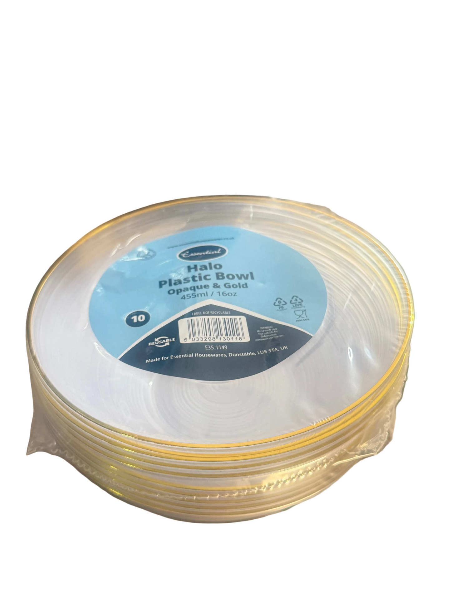 ESSENTIAL HALO PLASTIC BOWL OPAQUE & GOLD 455ml 10pk