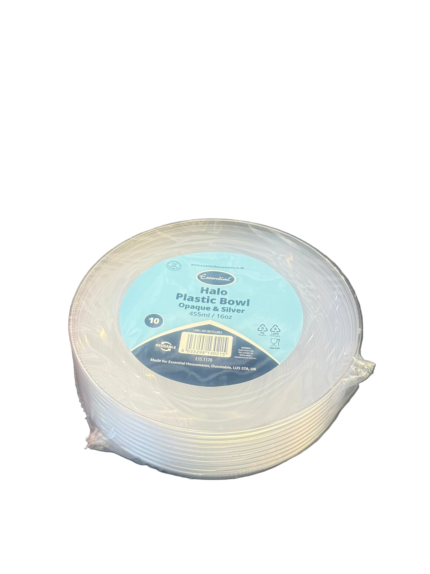 ESSENTIAL HALO PLASTIC BOWL OPAQUE & SILVER 455ml 10pk