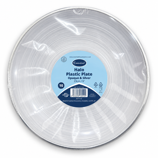 ESSENTIAL HALO PLASTIC PLATE OPAQUE & SILVER 23cm 10pk