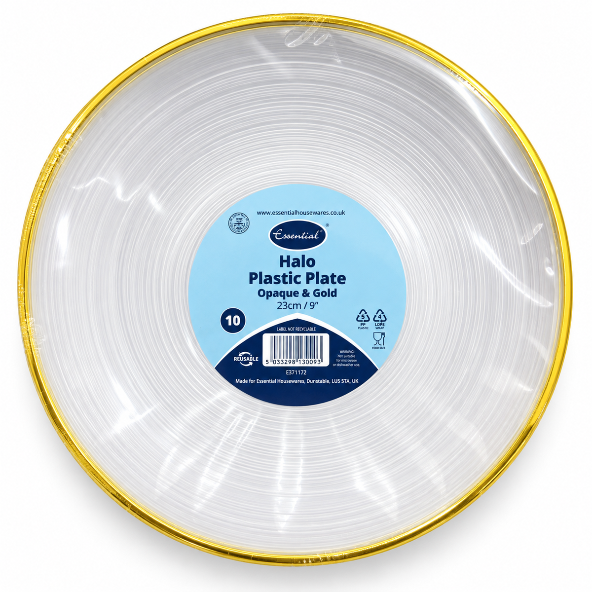 ESSENTIAL HALO PLASTIC PLATE OPAQUE & GOLD 23cm 10pk