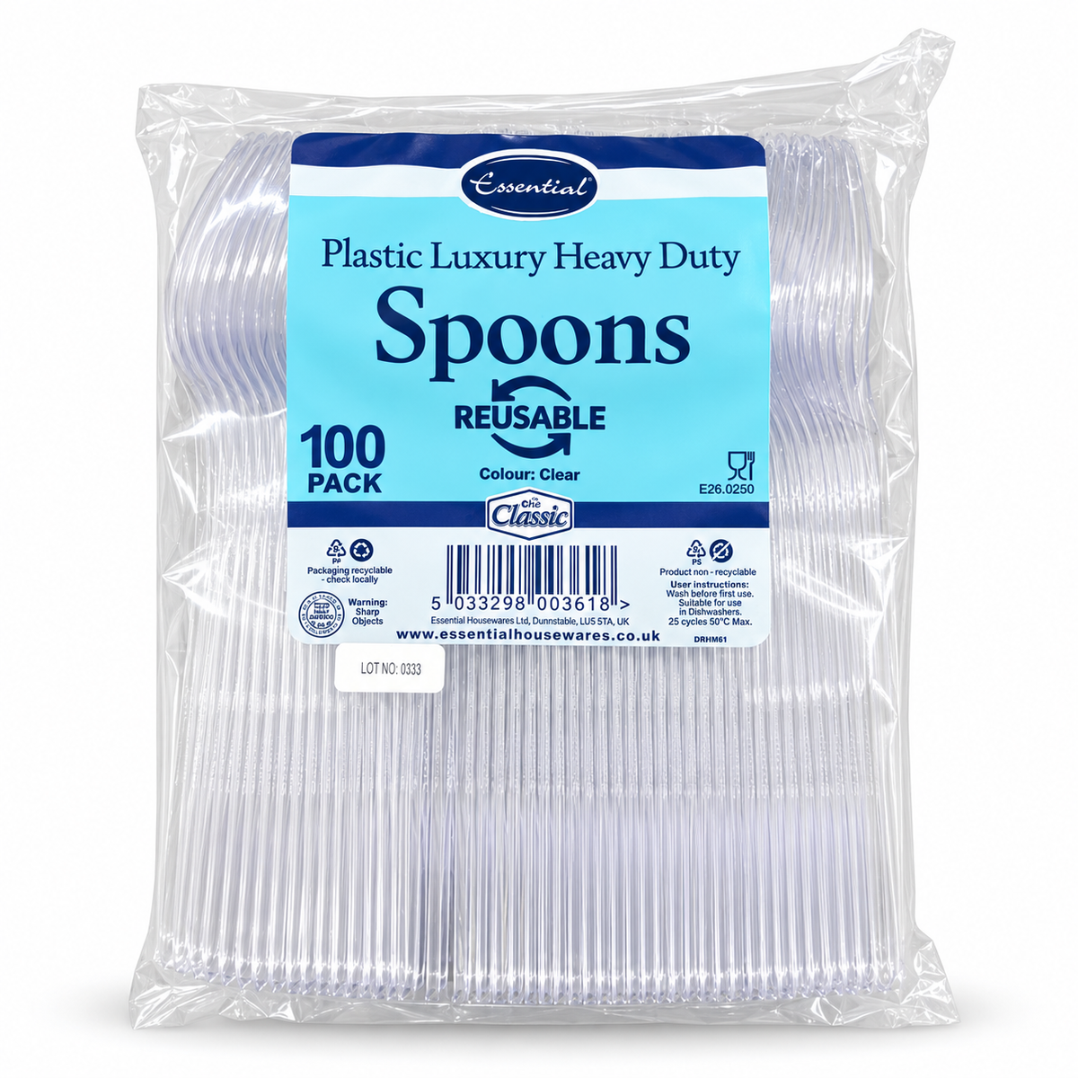 ESSENTIAL PLASTIC LUXURY HEAVY DUTY SPOONS REUSABLE CLEAR 100pk