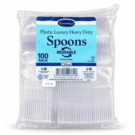 ESSENTIAL PLASTIC LUXURY HEAVY DUTY SPOONS REUSABLE CLEAR 100pk