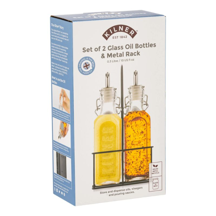 Kilner Set of 2 Oil Bottles with Metal Rack 0.3 Litre