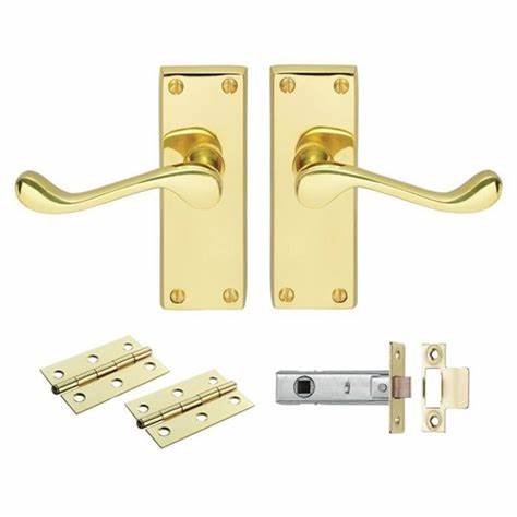 Victorian Brass Scroll Latch Packs, 2.1/2" Mortice Latch, 2 X 3" EB Hinges & Screws