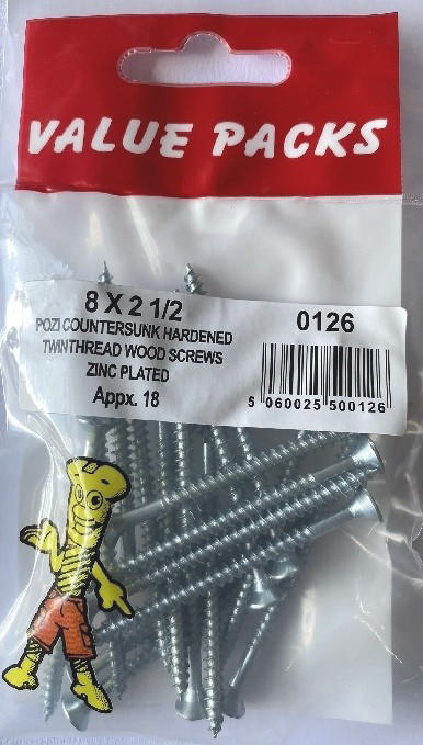 0126 T08X250 Wood Screws 8 x 2 1/2” TwinThread Zinc - 18/PK