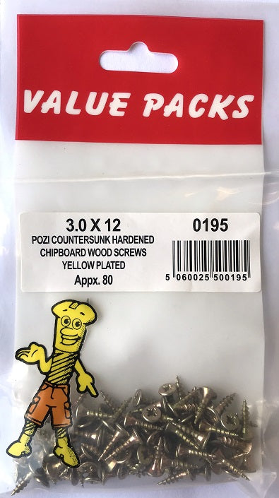 Vis à aggloméré de haute qualité 0195-C30X12 - 3,0 x 12, zinguées jaune - 80/PK.