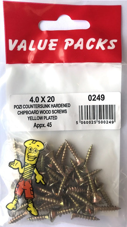 Vis à aggloméré de haute qualité 0249 C40X20 - Zingage jaune - Paquet de 45.