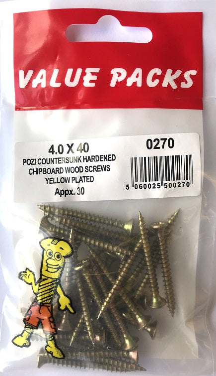 Premium Quality 0270 - C40X40 ChipBoard Screws | Yellow Plated | 4.0 x 40mm | 30/PK