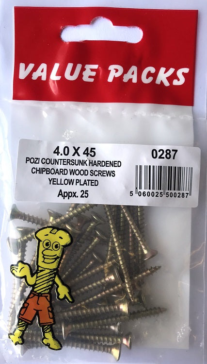 Vis à aggloméré 0287-C40X45 de haute qualité : 4,0 x 45 plaquées jaune - Lot de 25.