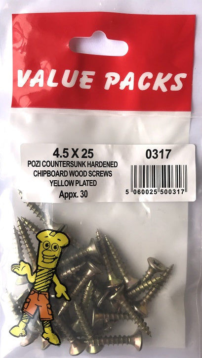 Premium Quality 0317-C45X25 Chipboard Screws - Yellow Plated - 30/PK.