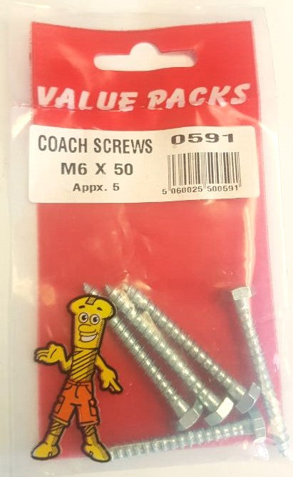 0591 - CSM6X50 - M6 x 50 Hex Head Coach Screws Zinc - 5/PK | Premium Hardware