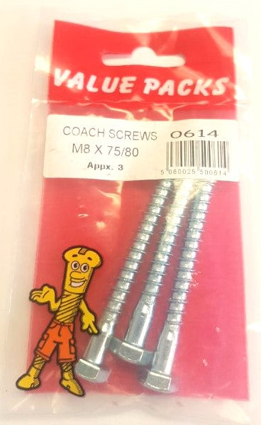 M 8X75/80 Hex Head Coach Screws Zinc - 3/PK