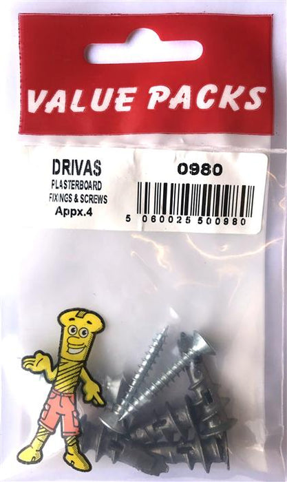 0980: DRIVA Alloy Plasterboard Fixings - 4/PK | Easy Installation & Strong Hold