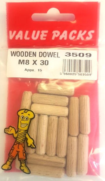 3509 - Goujons de bois M8 x 30 - 15/paquet (environ)