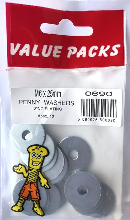 0690 PWM6 - M6 x 25mm Penny Washers Zinc - Pack of 16