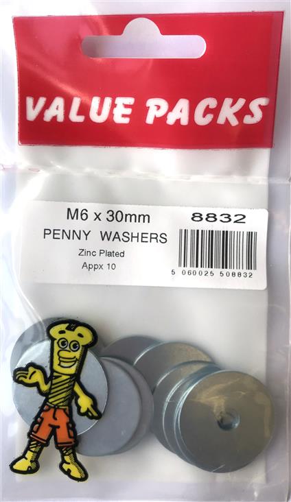 8832: Buy M6 x 30mm Penny Washers Zinc - Pack of 10/PK