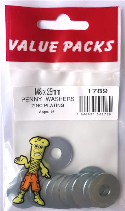 Obtenez des rondelles larges M8 x 25 mm zinguées de qualité - Lot de 16 - 1789 PWM8