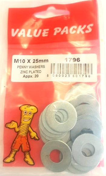 1796: Get 16/PK M10 x 25mm Penny Washers Zinc