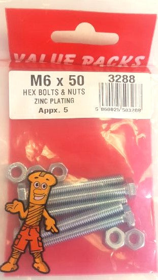 3288: Boulons et écrous hexagonaux M6 x 50 Zingués - Lot de 5 - Quincaillerie industrielle
