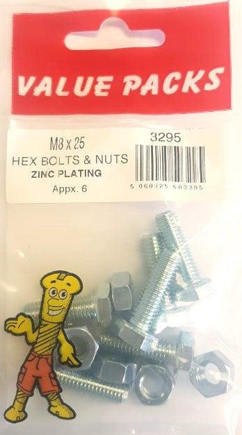 3295: Vis et écrous hexagonaux M8 x 25, zingués - Paquet de 6 (Approx.)