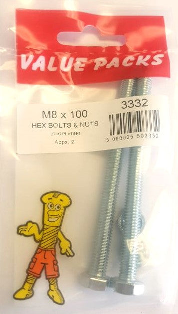 3332: Boulons et écrous hexagonaux M8 x 100 zinc - 2/paquet | Fixations de qualité