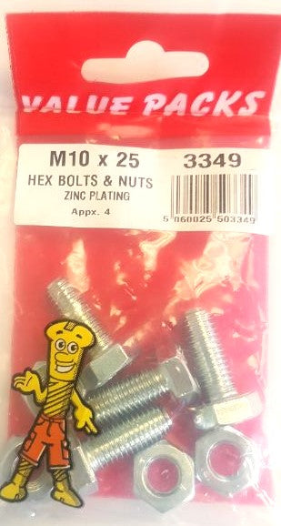 3349: Boulons et écrous hexagonaux M10 x 25 galvanisés - Paquet de 4 -